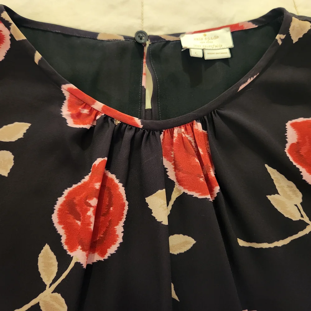 Kate Spade Blouse Hazy Rose Double Layer, Floral Pink, Black, Green Sz Large EUC